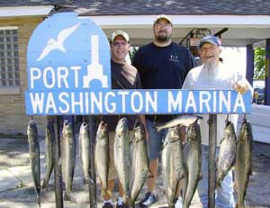Port Washington Marina sign and fishermen with Cast-A-Way Charters, Summer Fishing Photo Gallery